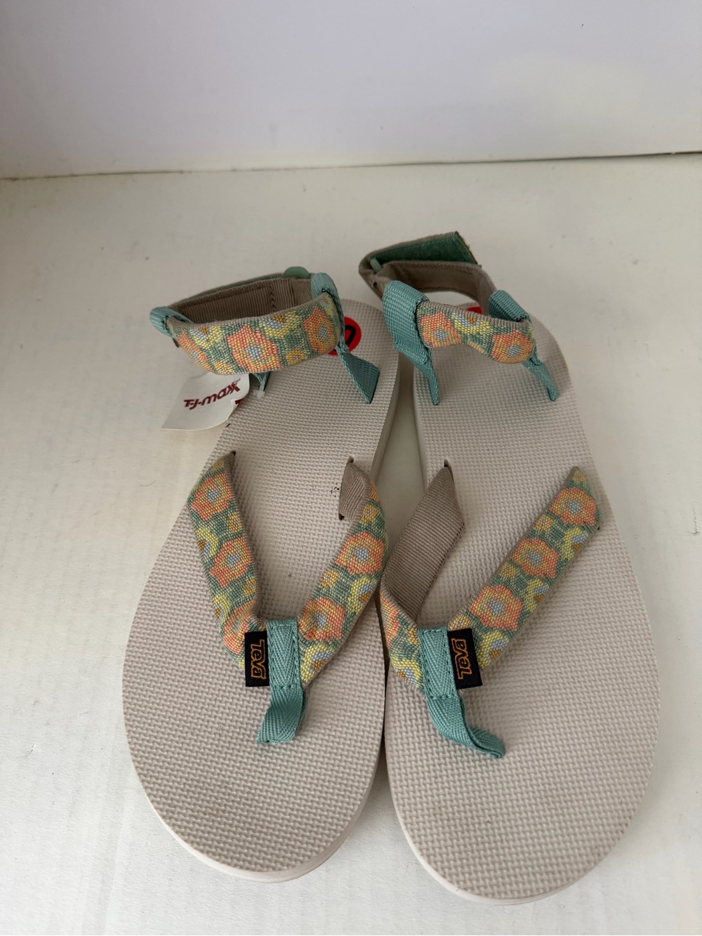 Teva Women's Sandals Teal Floral Straps on Cream Footbed size 10 - Picture 2 of 4